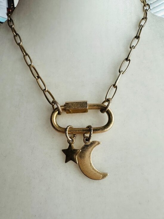 Source Unknown Jewelry - Celestial Carabiner Necklace | Brushed Gold-Tone Star & Moon Charms